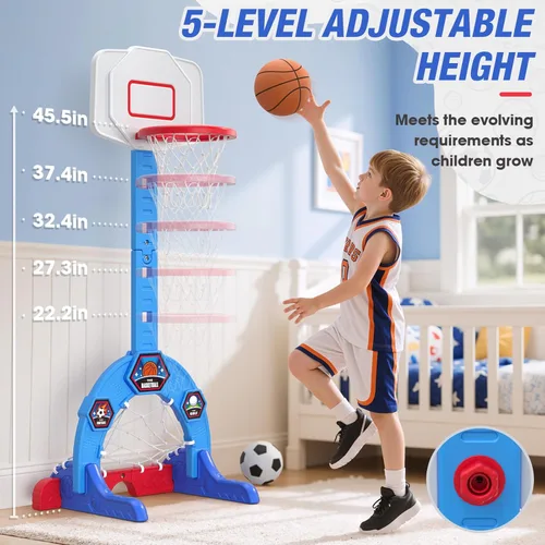 Miniatura 3 de HYES Aro de baloncesto para niños pequeños, centro de actividades deportivas 3 en 1 con portería de fútbol, juego de golf, aro de baloncesto