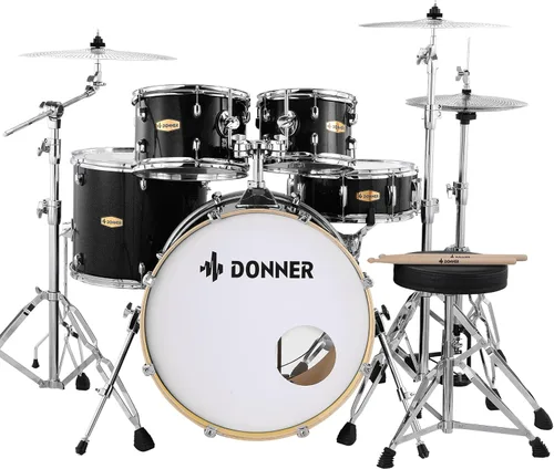 Donner DDS-520 - Juego de batería para adultos con almohadilla silenciosa de práctica, 5 piezas, 22 pulgadas, tamaño completo, color negro