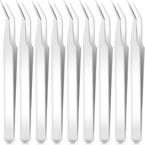 Miniatura 10 de Honoson 9 pinzas curvadas puntiagudas para manualidades, pinzas de precisión de acero inoxidable con cubierta protectora para diamantes
