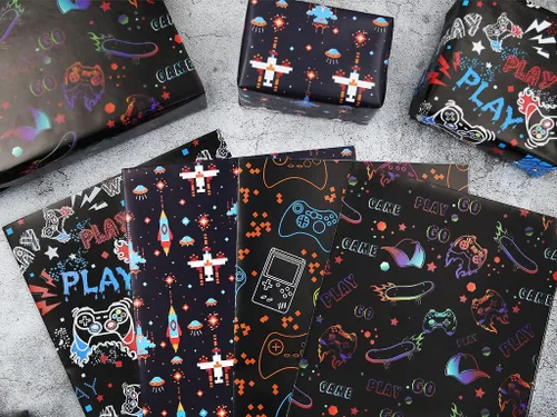 Miniatura 7 de Geluode Papel de regalo de cumpleaños para niños y niñas, amantes de los videojuegos, papel de regalo de videojuegos de 4 estilos, 8 hojas plegadas