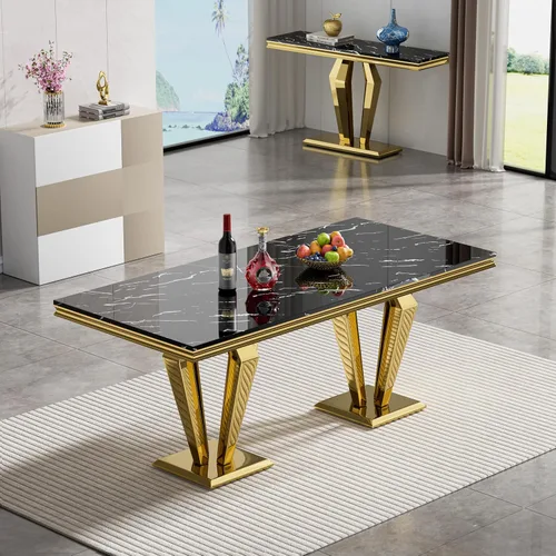 Miniatura 3 de Mesa de comedor de mármol negro para 4, 6, 70 pulgadas, moderna mesa de comedor de cocina dorada con base de acero inoxidable con diseño