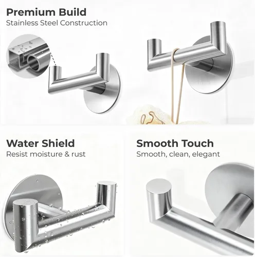 Miniatura 5 de GWAAZXGZ Paquete de 2 ganchos de baño de níquel cepillado para toallas, ganchos dobles autoadhesivos para pared, sin taladrar, acero inoxidable 304
