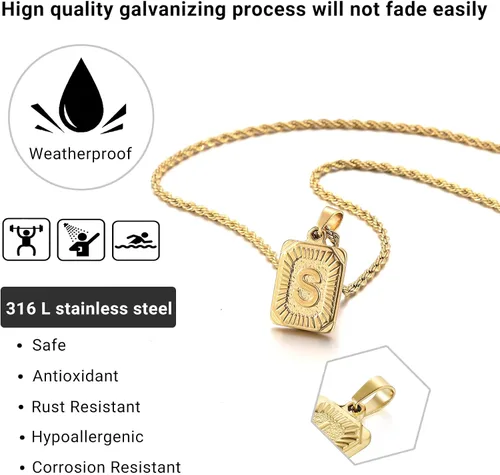 Miniatura 4 de SKQIR Collares de letra inicial para hombre, chapado en acero inoxidable, collar de letra pandent cuadrada A Z para mujer, collar de cruz