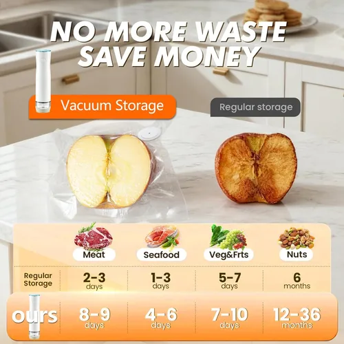 Miniatura 7 de Sellador al vacío de mano para alimentos, máquina selladora al vacío + 30 bolsas selladoras al vacío reutilizables + 4 tapas para tarros Mason