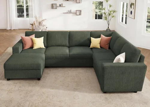 Miniatura 15 de HONBAY Sofá modular de pana con almacenamiento en forma de L para sala de estar, sofá seccional de 6 plazas, color beige
