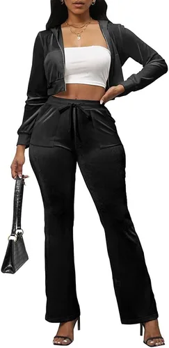 Miniatura 5 de PINSV Conjunto de 2 piezas de terciopelo para mujer, sudadera con capucha y cremallera para correr, conjunto de entrenamiento