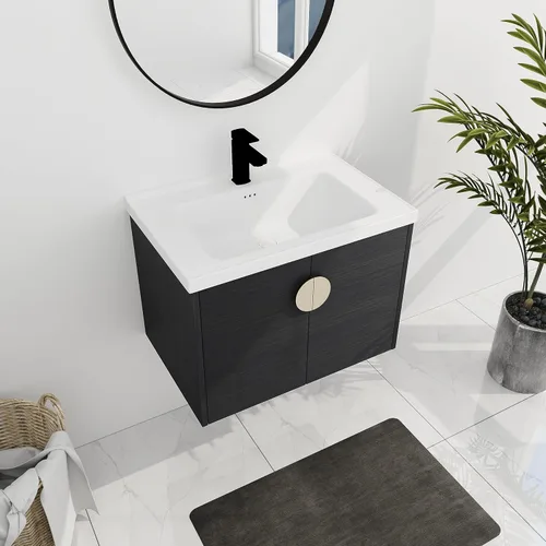 Miniatura 4 de Juego de tocador de baño de 28 pulgadas con lavabo montado en la pared, moderno juego de tocador de baño con lavabo de cerámica blanca y mango