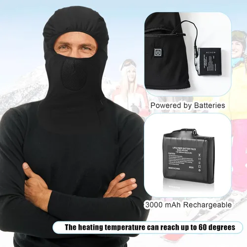 Miniatura 5 de 2 pasamontañas calefactables, máscara facial eléctrica, funciona con pilas, gorro de esquí recargable, polaina de cuello de invierno, 3 ajustes