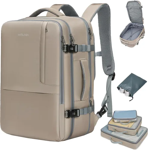 MOLNIA Mochila de viaje expandible de 50 L para mujeres y hombres, artículos esenciales de viaje de mano, aprobada para vuelos, se adapta a mochila