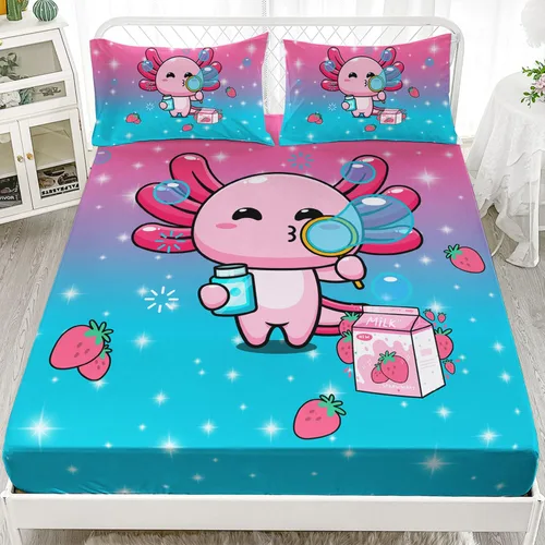 AILONEN Axolotl - Juego de sábanas bajeras para niños, tamaño individual XL, color rosa y azul degradado kawaii, lindas sábanas de fresa salamandra