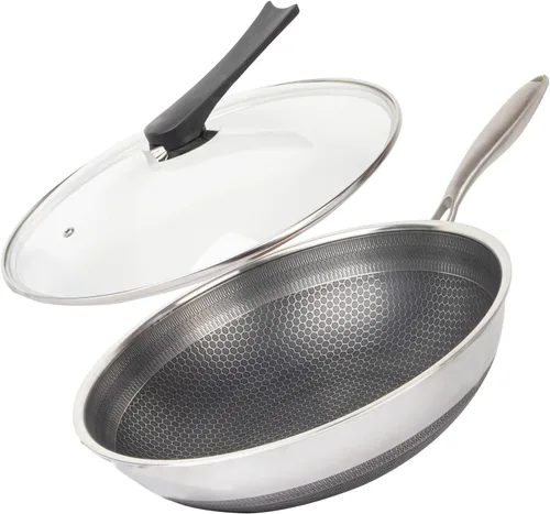 Wok de acero inoxidable 316L de 12.5 pulgadas de panal de abeja antiadherente con tapa, sartén con mango que se mantiene fresco, sin PFOA, adecuado