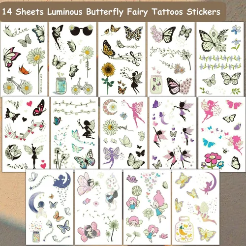 Miniatura 2 de CHARLENT Tatuajes de mariposa luminosos para niños, 14 hojas que brillan en la oscuridad, tatuajes temporales de hadas de mariposa para niñas