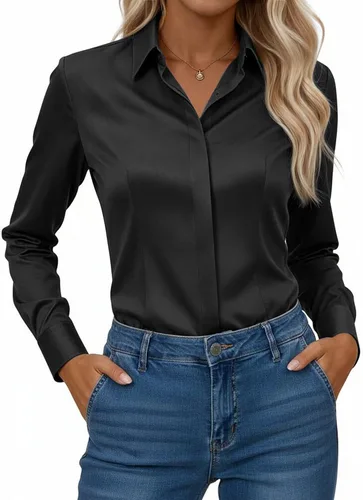 Miniatura 13 de Gleeivy Camisa con botones para mujer, solapa con botones ocultos, ligera, transpirable, resistente a las manchas, manga larga, trabajo e informal
