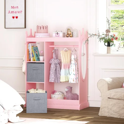 Miniatura 2 de UTEX Armario guardarropa para niños con espejo y contenedor de almacenamiento, rosa, 33.4 pulgadas de ancho x 15.75 pulgadas de profundidad x 44.5
