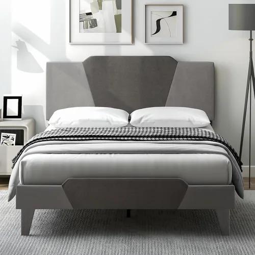 Miniatura 11 de Giantex Base de cama tapizada de terciopelo individual con cabecero, cama de plataforma moderna con listones de madera fuertes y estribo de 2