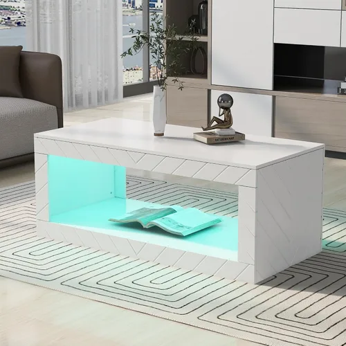 Miniatura 8 de LUMISOL Mesa de centro LED con almacenamiento abierto, moderna mesa de centro de alto brillo con 16 luces LED de colores, mesa central rectangular