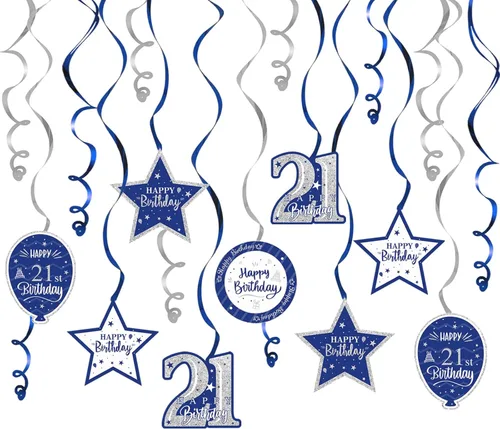 Miniatura 73 de Decoración de fiesta de serpentinas con purpurina azul y plateada de feliz 11º cumpleaños, 15 piezas de remolinos colgantes de 11 cumpleaños, cartel