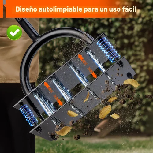 Miniatura 5 de Bluesea Herramienta aireadora de césped – 16 picos de hierro con mango ergonómico en T, limpieza automática de suciedad para aflojar el suelo