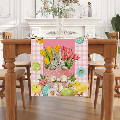 Miniatura 2 de Camino de mesa de Pascua a cuadros de búfalo rosa y blanco, huevo de Pascua, conejito, margarita, tulipán, decoración de mesa floral, primavera