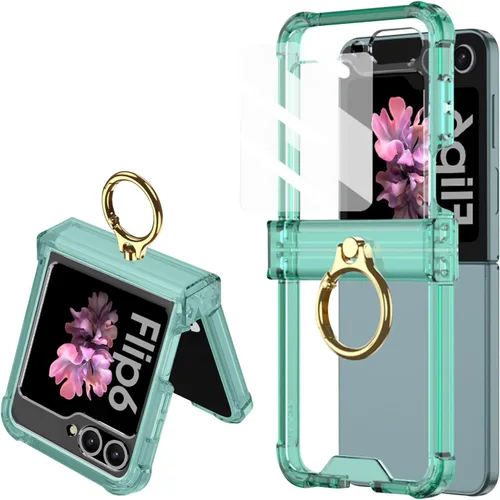 Miniatura 10 de Funda transparente para Samsung Galaxy Z Flip 6, protección de bisagra de lujo con soporte de anillo y protector de pantalla, funda suave todo Negro