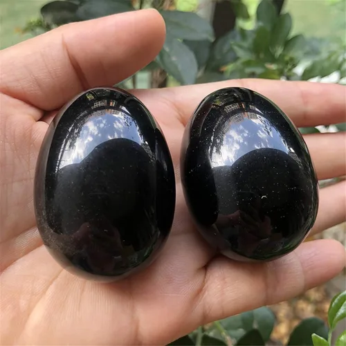 Miniatura 3 de Fekuar Figura de huevo de piedra, cristal curativo pulido, escultura de esfera con soporte de madera, obsidiana negra natural, 1.8 pulgadas