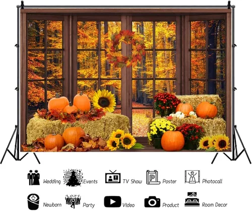 Miniatura 3 de Laeacco Telón de fondo de poliéster para ventana de otoño, 5 x 3 pies, paisaje forestal otoñal para fotografía, calabazas, hojas de arce, flores
