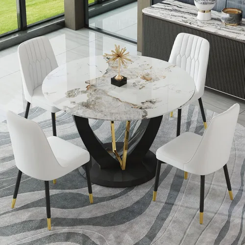 Miniatura 23 de Juego de mesa de comedor redonda para 4, mesa moderna de 48" con tapa de mármol sintético falso y pedestal brillante negro, juego de mesa de cocina