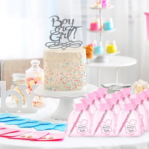 Miniatura 6 de Colarr Juego de 36 recuerdos de baby shower: bolígrafos rosados con tarjetas y bolsas de organza para invitados regalo y fiesta de revelación