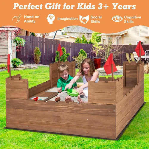 Miniatura 7 de HONEY JOY Caja de arena para niños, pozo de arena sin fondo de cedro para patio trasero, 4 banderas rojas y forro inferior, banco lateral y 2 cajas