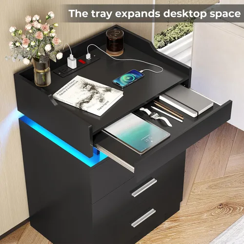 Miniatura 5 de BTHFST Mesita de noche grande con estación de carga y luces LED, mesita de noche negra con 3 cajones y 1 bandeja extraíble, mesa auxiliar