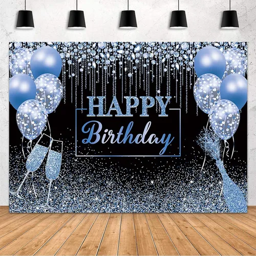 MEHOFOND Telón de fondo de feliz cumpleaños, globo de diamante con purpurina negra y azul, fondo de fotografía, color negro y azul brillante,