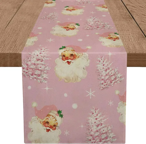 Miniatura 7 de Camino de mesa de Navidad Papá Noel Árbol de Navidad Copo de nieve rosa, caminos largos para invierno, Navidad, decoración para el hogar, cocina