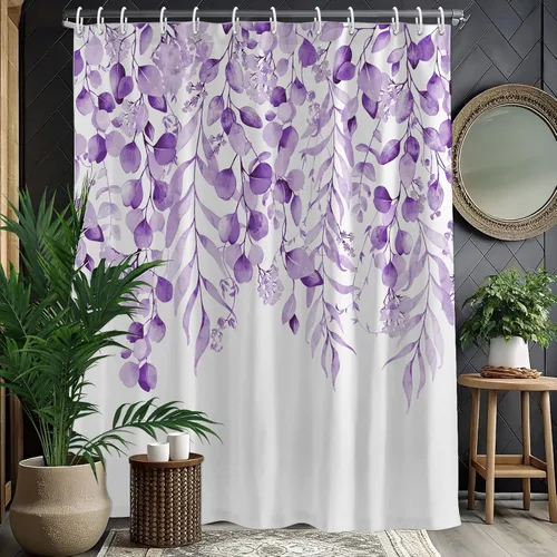 Miniatura 14 de KAIRA Cortina de ducha de eucalipto negro con diseño clásico y moderno, hojas de plantas de acuarela con diseño floral, decoración de baño, 72 x 72