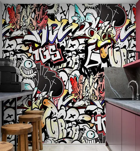 Miniatura 7 de Mural de pared colorido de graffiti. Arte callejero con temática urbana, papel tapiz removible para despegar y pegar, papel tapiz estilo graffiti.
