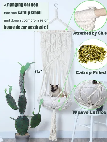 Miniatura 4 de KARCEEY Hamaca de macramé para gatos, cama colgante de macramé para gatos con cojín de hierba gatera y kit para colgar