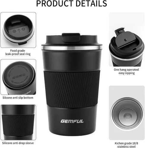 Miniatura 4 de GEMFUL Taza de viaje de café a prueba de fugas con tapa, 13 onzas, aislada al vacío, de acero inoxidable, vaso de café a prueba de derrames