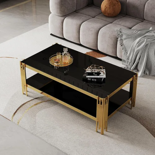 Mesa de centro de cristal de lujo, mesa de centro de sofá de 47 pulgadas con marco de acero inoxidable dorado y parte superior de vidrio negro, mesa