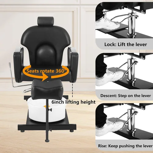 Miniatura 5 de Silla de pedicura giratoria de 360° con taburete y baño de pies de masaje, estación de pedicura hidráulica de altura ajustable sin plomería