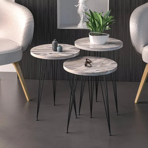 Miniatura 3 de Juego de 3 mesas auxiliares anidables de mármol gris, mesas auxiliares redondas apilables de madera con patas de metal para sala de estar, oficina