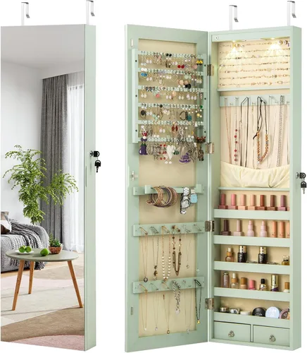 Miniatura 54 de Giantex Armario de joyería para puerta de pared con espejo de longitud completa, 2 LED con cerradura grande organizador de joyas con espejo ancho