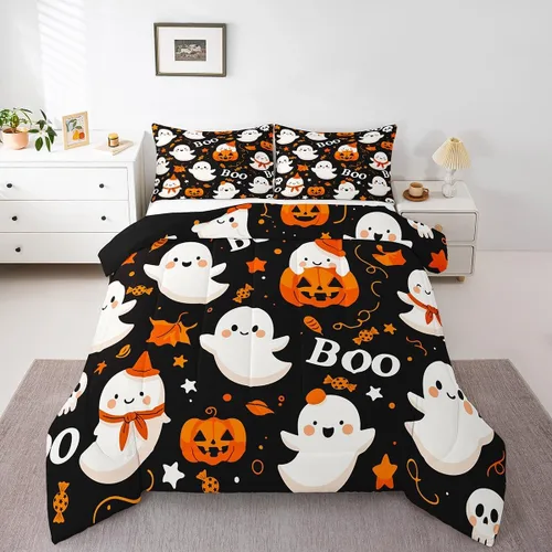 Miniatura 38 de Feelyou Juego de edredón de Halloween, color rosa fantasma, juego de ropa de cama tamaño individual, decoración para niños y niñas, lindo juego