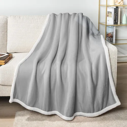 PAVILIA Manta Tipo Throw de Vellón Sherpa para Sofá, Gris Claro, Manta de Sofá Suave, Mullida y Afelpada, Manta de Invierno Reversible y Acogedora