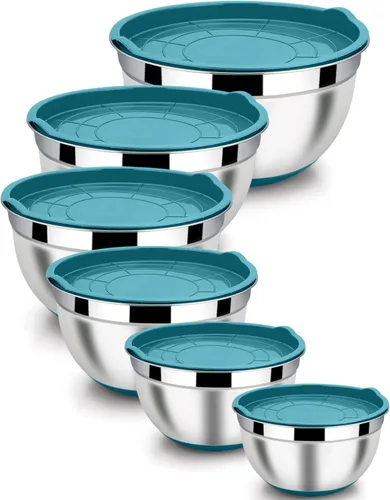 LIANYU Juego de 6 cuencos de acero inoxidable para mezclar, tamaño 7, 3.5, 2.5, 2, 1.5, 1.5, 1 cuarto de galón, cuencos de metal grandes para Azul