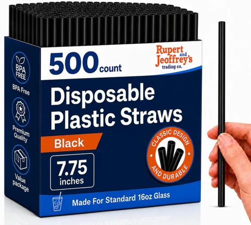 Pajitas de plástico de 7.75 pulgadas (500 unidades), pajitas desechables – hechas para vaso estándar de 16 onzas (negro)