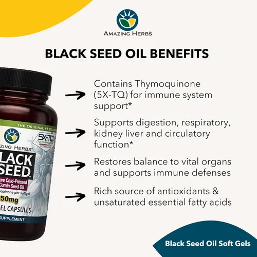 Miniatura 8 de Amazing Herbs Cápsulas de aceite de semilla negra de alta potencia, prensado en frío, ayuda a la salud digestiva, apoyo inmunológico y función