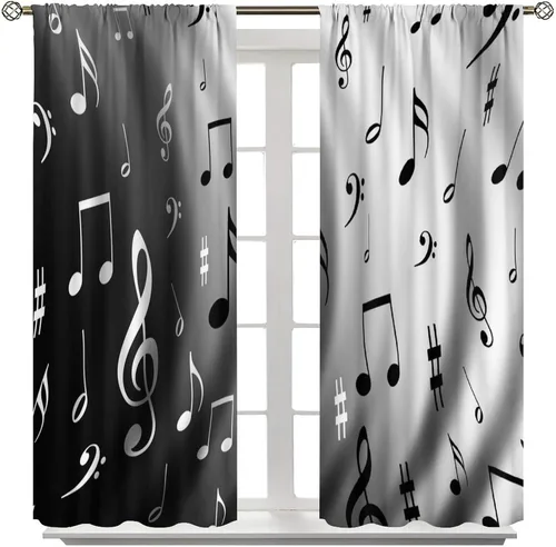 Miniatura 3 de Cortinas de ventana de música, notas musicales blancas y negras, tratamiento de ventana de patrón abstracto para dormitorio, sala de estar, Music-3