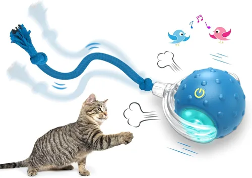 Giociv Pelota de juguete interactivo para gatos de interior que rueda rápidamente sobre alfombra, con chirridos y activación por movimiento (azul)