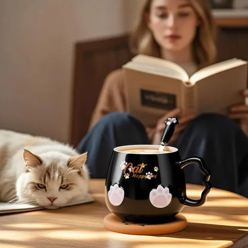 Miniatura 3 de Bgbg Linda Taza de Gato, Taza de Café Té Leche de Cerámica con Tapa de Gatito Adorable, Cuchara de Garra Kawaii, Alfombrilla de Anime, Cosas