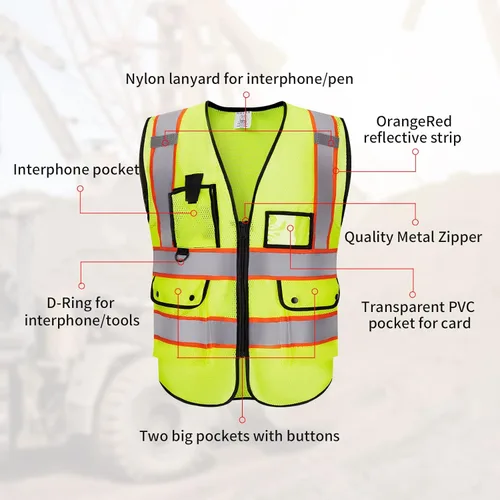Miniatura 4 de Chaleco Reflectante Clase 2 de Seguridad ANSI con Bolsillos y Cremallera de Alta Visibilidad Uniforme de Construcción K-amarillo-1pack-personalizado