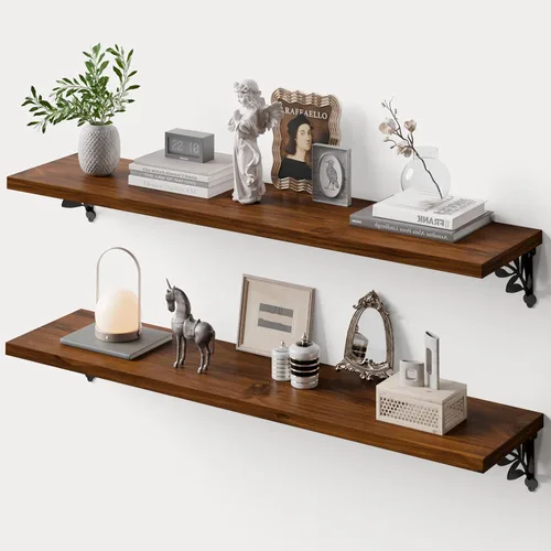 Miniatura 10 de Estantes flotantes de madera maciza para pared con soportes de metal, estante de pared de madera de pino de 2 niveles de 36 pulgadas, adecuado